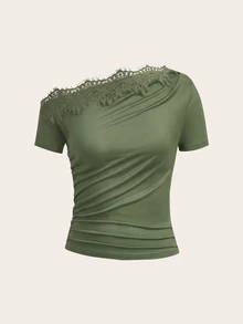 SHEIN Clasi 女款素色對比蕾絲不對稱肩短袖時尚T恤 - 軍綠色 - 查看 3