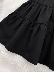 SHEIN 女嬰對比色彼得潘領長袖荷葉邊可愛洋裝 - 黑色 - 查看 7