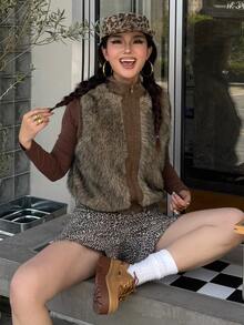 DAZY Women's Solid Color Fashion Versatile Winter Faux Fur Coat - Brown - View 2
