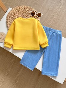 SHEIN 2件組女嬰休閒百搭時尚蜜蜂印花長袖上衣與長褲套裝，適合春秋冬季日常穿著 - 彩色 - 查看 3
