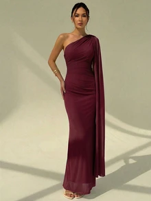 Aloruh One Shoulder Ruched Bust And Waist Romantic Elegant Drape Neck Fitted Mermaid Long Dress - Burgundy - View 4