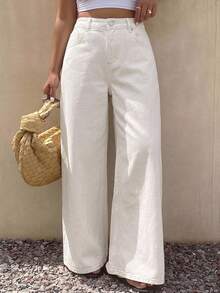 Dazy Plus Quần jean denim trắng toàn bộ ống đứng dáng rộng thoải mái mới cho mùa xuân/thu, phong cách thường ngày, phù hợp đi du lịch và làm khách mời đám cưới - trắng - Xem 1