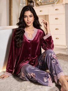 LuxeNights Elegant Velvet Printed Contrast Lace Long Sleeve Pants Pajama Set For Women - Purple - View 4