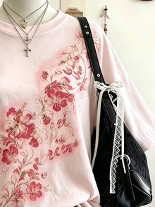 Lalippa Plus Size Women's Floral Print Round Neck Drop Shoulder Casual T-Shirt - Multicolor - View 3