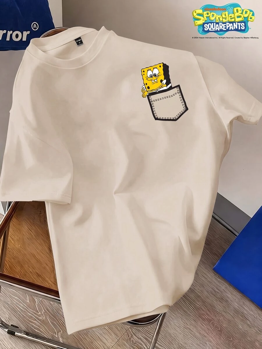 SpongeBob SquarePants | SHEIN Daypath 深卡其色標準版型男士短袖T恤 - 卡其色 - 查看 1
