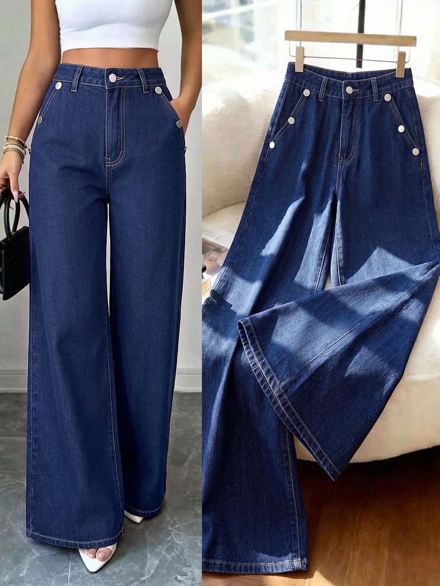 Elenzga Celana Panjang Denim Biru Tua Wanita Serbaguna untuk Semua Musim, Motif Kancing, Banyak Saku, Potongan Lebar - Dark Wash - View 1