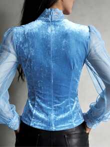 SHEIN LUNE 女款時尚黑色天鵝絨束腰上衣，透視袖口配蕾絲飾邊 - 藍色 - 查看 2