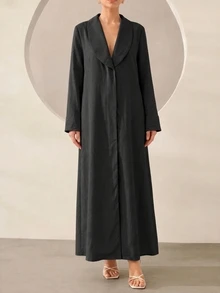 Graceveil 女款純色休閒優雅翻領寬鬆長款睡袍 - 黑色 - 查看 6