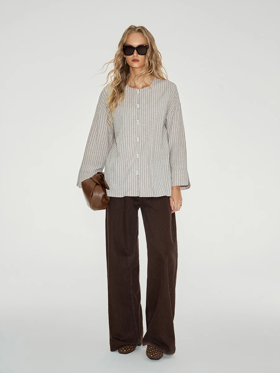 ATUI Studio Women 100% Cotton Blue And White Stripe Collarless Long Sleeve Shirt French Vintage Minimalist Modest Chic Vertical Fall Loose Slimming Drop Shoulder - Apricot - View 1