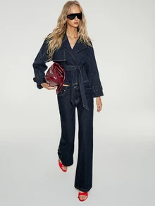 ATUI Studio Jaket Denim Kasual Serbaguna untuk Wanita dengan Tali Pinggang untuk Pemakaian Sehari-hari - Dark Wash - View 5
