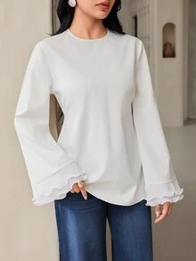 Veilorie 女款優雅荷葉邊收腰襯衫 - 白色 - 查看 4