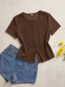 SHEIN Essnce 大尺碼女款純色休閒百搭日常短袖T恤 - 棕色 - 查看 1