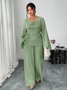 Firerie 大尺碼女款春/秋舒適休閒優雅度假居家穿著套裝，垂領喇叭袖長袖T恤上衣搭配直筒彈性腰長褲，2件套 - 綠色 - 查看 2