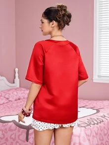 HELLO KITTY AND FRIENDS | SHEIN Women's Letter Cartoon Print V-Neck Raglan Short Sleeve Casual Top - Red - View 2