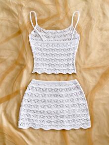 Soleia Women's Solid Color Hollow Out Camisole Knit Top And Knit Skirt 2 Pieces Set Beach Vacation White Summer Boho Tropical,Girly, - White - View 2