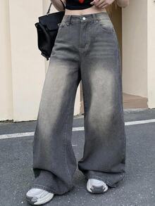 Dazy Plus Korean Vintage Washed Distressed Loose Wide Leg Long Pants Casual Spring Autumn New Style Denim Jeans For Girls - Grey - View 7
