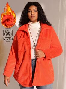 BrightlyHer Jaket Fleece Oranye Tua Ukuran Besar, Saku Depan Kancing, Leher Bulat, Lengan Panjang, Pakaian Luar Kasual Musim Gugur/Musim Dingin 2026 - Burnt Orange - View 4