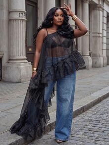 Slaydiva Spring/Autumn New Elegant & Luxurious Loose Solid Black One-Shoulder Top With 3D Floral Decor, Sheer Mesh Ruffle Patchwork And Extra-Long Train For Party, Wedding, Graduation, Cocktail, Birthday, Date, Prom And Other Occasions, Plus Size Women's Top-A - Black - View 2