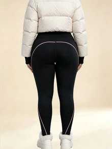 SHEIN Rhythm Era Legging Olahraga Wanita Ukuran Besar Musim Gugur/Dingin, Tebal, Berlapisan Termal, Motif Garis-Garis Blok Warna, Motif Patchwork - Hitam - View 6