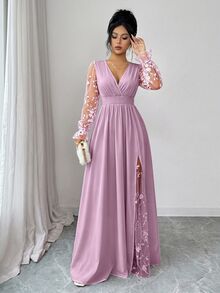 Elenzga 女款優雅春夏深V領蕾絲拼接長袖高開衩洋裝，適合畢業季、度假、情人節、音樂節、母親節、感恩節、復活節、國慶日、舞會、約會派對、婚禮季、外出等場合 - 粉色 - 查看 6