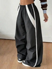 SHEIN 青少年女孩針織淺灰色寬鬆休閒抽繩口袋寬腿運動長褲 - 灰色 - 查看 1