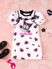 HELLO KITTY AND FRIENDS | SHEIN Gaun Anak Perempuan Motif Kartun dengan Lengan Berbentuk Kelopak Bunga dan Hiasan Pita - MultiWarna - View 1