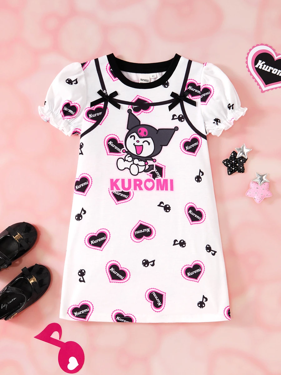 HELLO KITTY AND FRIENDS | SHEIN Gaun Anak Perempuan Motif Kartun dengan Lengan Berbentuk Kelopak Bunga dan Hiasan Pita - MultiWarna - View 1