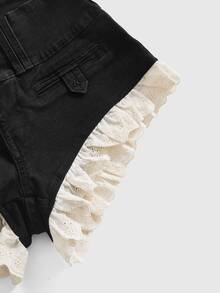 Sweetness Plus Size Women's Y2K Sweet Casual Cotton Ruffle Embroidered Lace Black Denim Shorts - Black - View 3