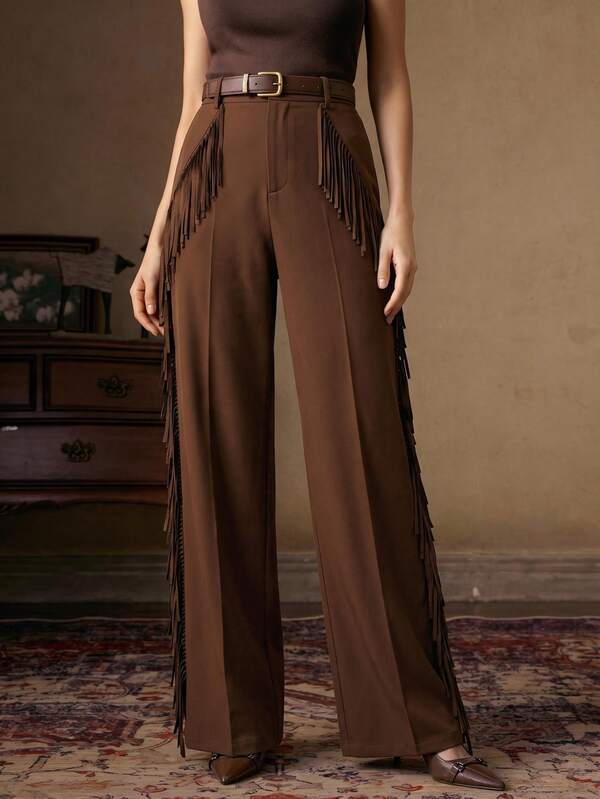 Anewsta Modern Retro Bohemian Style Autumn Outfit Coffee Brown Faux Suede Fabric Women's High Waist Side Tassel Straight Leg Long Pants