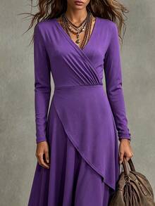 Trelyra Women's Fashion Overlap V-Neck Long Sleeve Elegant Dress - Purple - View 6