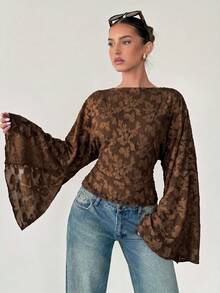 Siren Gaze Autumn/Winter New Brown Cut-Out Batwing Sleeve Fashion T-Shirt - Brown - View 5