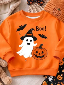 Oo Cute To Spook 幼女萬聖節服裝，可愛幽靈娃娃萬聖節南瓜圖案內搭褲套裝 (2件組)，秋季服飾系列 - 彩色 - 查看 4