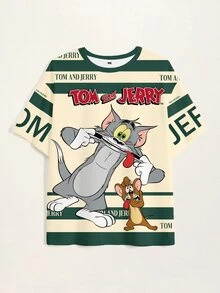 TOM & JERRY X SHEIN 男士字母卡通印花圓領短袖休閒T恤 - 白色 - 查看 7