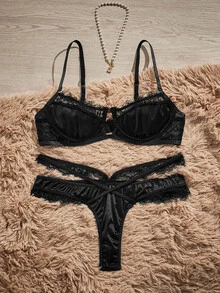 HautHeat 2pcs Lace Patchwork Non-Padded Underwire Balconette Push Up Bra With Cross Straps, Sexy Satin Cup Detail Women's Lingerie Set - Black - View 1