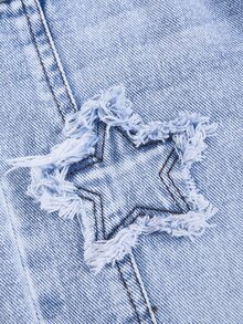 SHEIN Young Girl Denim Summer Jeans, Light Blue Washed, Star Patchwork Embroidery Design, Super Cool Versatile Straight Leg Denim Pants - Light Wash - View 6