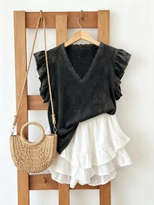SHEIN Lace Trim Craft Style Fashionable Minimalist Women's Ruffle Sleeve T-Shirt, Gift For Friends - Black - View 4