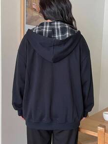 Dazy Plus Thermal Lined Thick Hooded Colorblock Plaid Design Fun Commute Korean Style Loose Fit Spring Autumn New Jacket - Navy Blue - View 6