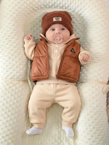 SHEIN Newborn Baby 3pcs Set: Hooded Long Sleeve Pullover Sweatshirt, Winter Pants, Sleeveless Vest - Apricot - View 6