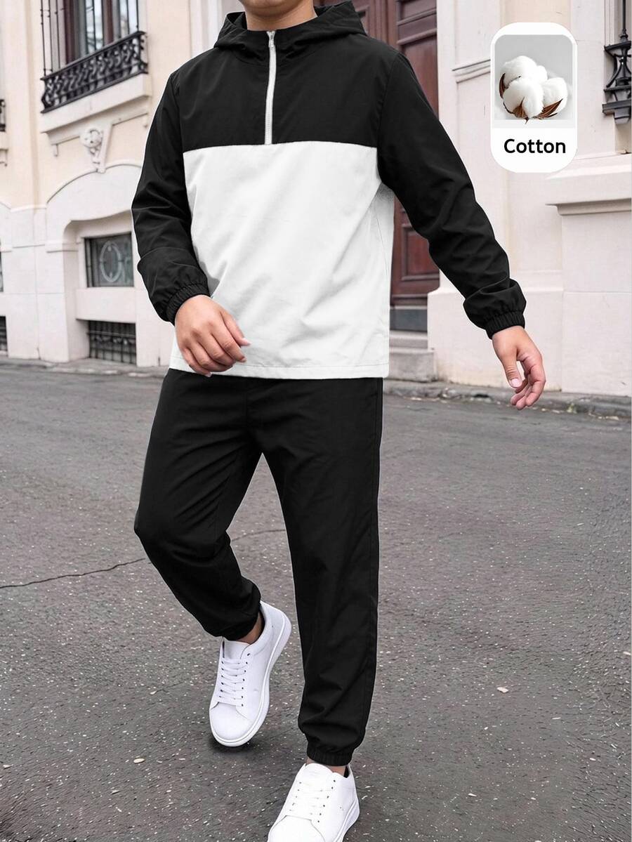 SHEIN 2件組兒童青少年男孩半拉鍊連帽外套與慢跑長褲套裝,適合通勤、上學、日常休閒穿著、運動,秋冬款 - 黑與白 - 查看 1