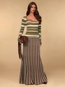SHEIN BAE Women's Fashion Contrast Color Striped Extra Long Knit Dress - Multicolor - View 8