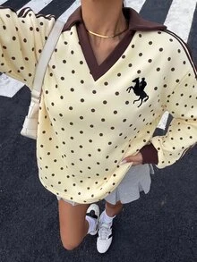Muchica 女款秋季波點印花馬標內裡對比色緞帶刺繡寬鬆波羅領運動衫，休閒日常棕色波點淺灰色 - 彩色 - 查看 4