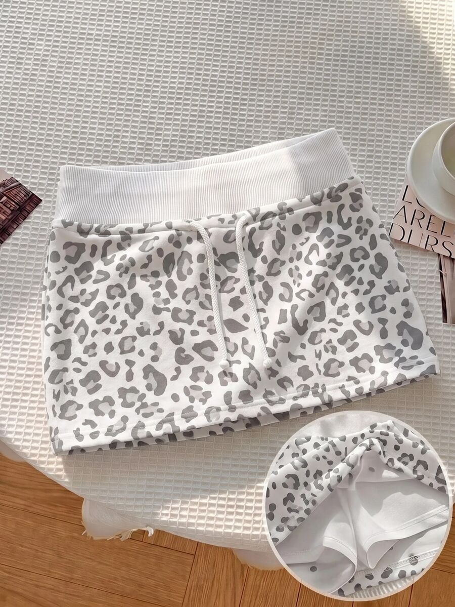 SHEIN 青少年女孩夏季休閒豹紋印花裙 - 白色 - 查看 1