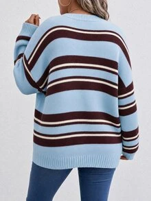 EMERY ROSE Lazy V-Neck Colorblock Striped Casual Versatile Knit Sweater Top - Multicolor - View 2