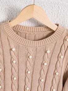 Girls' Autumn/Winter Fashion Handmade Beaded Heavy Craft Twisted Rope A-Line Long Sleeve Dress - Camel - View 3