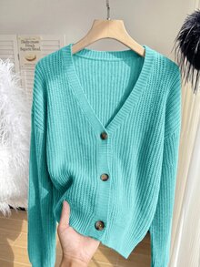 SHEIN EZwear 大尺碼鈕扣長袖時尚開襟針織衫 - 水鴨藍 - 查看 3