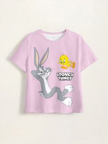 LOONEY TUNES X SHEIN 青少年女孩圓領短袖休閒百搭T恤 - 白色 - 查看 6