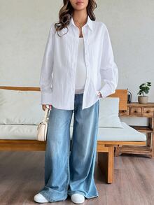 Dazy Maternity 純色寬鬆長袖休閒度假風春秋孕婦襯衫女上衣 - 白色 - 查看 3