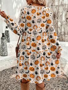 Breezaya Plus Size Women's Halloween Pumpkin Ghost Bat Print Lantern Sleeve Ruffle Cuff Tiered Swing Smock Dress,Spooky Cute Fall Casual Boho Party Dress - Multicolor - View 2