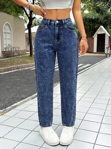 SHEIN PETITE Women's Casual Washed Tapered Jeans Fall - Dark Wash - View 7