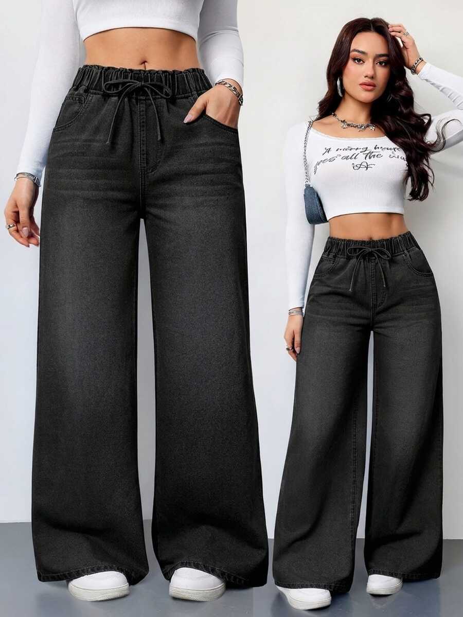 SHEIN Tall 女款休閒水洗寬腿牛仔褲